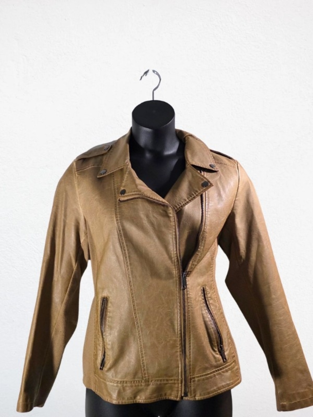 Classic Tan Faux Leather Moto Jacket for Women